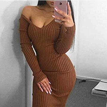 Cinyifaan Knit Ribbed Midi Bodycon Dress for Women