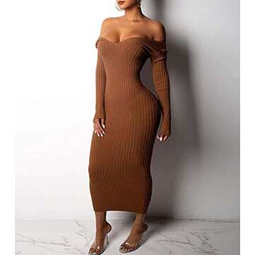 Cinyifaan Knit Ribbed Midi Bodycon Dress for Women