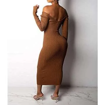 Cinyifaan Knit Ribbed Midi Bodycon Dress for Women