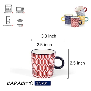 Selamica Ceramic 3.5 Oz Espresso Cups, Espresso Mugs 2.5 Inch Demitasse Cups, Mini Coffee Cups for Latte Mocha Lungo Tea, Set of 4, Assorted Colors