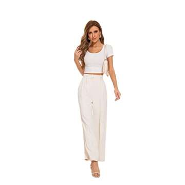 FUNYYZO Women's Wide Leg Pants - High Elastic Waist, Professional Work Trousers in Beige