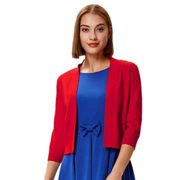 GRACE KARIN Women's Classic 3/4 Sleeve Shrug Tunic Red Cardigan Short Sweaters for Dress (Red,M)