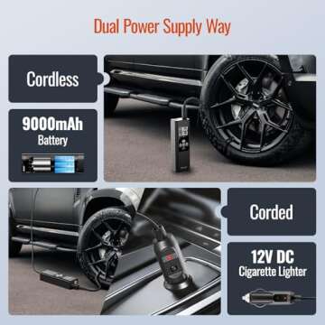 Morpilot Tire Inflator Portable Air Compressor, 2X Faster Inflation [9000mAh Battery & 12V DC Cord] Car Tire Pump with LCD Dual Display, 150PSI Electric Air Pump for Car SUV MPV RV Bike Ball, Black
