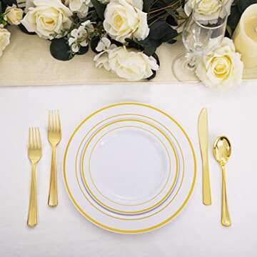 WDF-125 PCS Gold Plastic Plates - White And Gold Plastic Plates Include 25 Dinner Plates, 25 Salad Plates, 25 Forks, 25 Knives, 25 Spoons for Parties/wedding