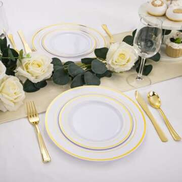 WDF-125 PCS Gold Plastic Plates - White And Gold Plastic Plates Include 25 Dinner Plates, 25 Salad Plates, 25 Forks, 25 Knives, 25 Spoons for Parties/wedding