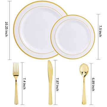 WDF-125 PCS Gold Plastic Plates - White And Gold Plastic Plates Include 25 Dinner Plates, 25 Salad Plates, 25 Forks, 25 Knives, 25 Spoons for Parties/wedding