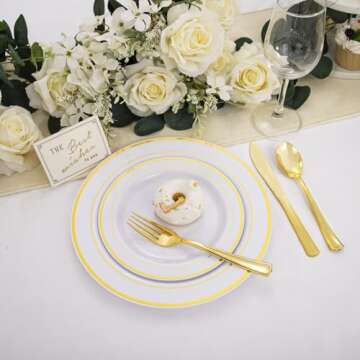 WDF-125 PCS Gold Plastic Plates - White And Gold Plastic Plates Include 25 Dinner Plates, 25 Salad Plates, 25 Forks, 25 Knives, 25 Spoons for Parties/wedding