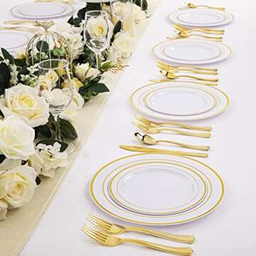 WDF-125 PCS Gold Plastic Plates - White And Gold Plastic Plates Include 25 Dinner Plates, 25 Salad Plates, 25 Forks, 25 Knives, 25 Spoons for Parties/wedding