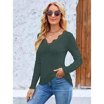 uoDim Women's Long Sleeve Lace Trim Tunic Tops Button Down Casual Blouse Cute V Neck Ribbed Shirt