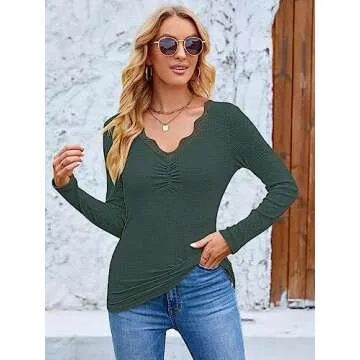 uoDim Women's Long Sleeve Lace Trim Tunic Tops Button Down Casual Blouse Cute V Neck Ribbed Shirt