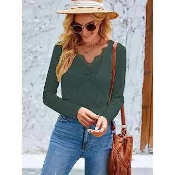 uoDim Women's Long Sleeve Lace Trim Tunic Tops Button Down Casual Blouse Cute V Neck Ribbed Shirt