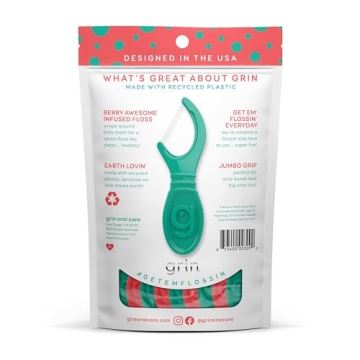 GRIN Kiddo Flossers for Kids, Berry Flavor, Jumbo Grip, 80 Count, Safe