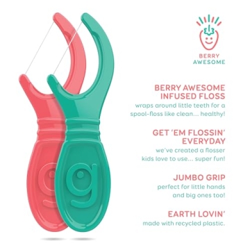 GRIN Kiddo Flossers for Kids, Berry Flavor, Jumbo Grip, 80 Count, Safe