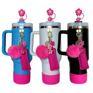 Accessories for Stanley Cup 40oz,2 Silicone Boots for Stanley Tumbler,1 Flower Straw Cover Topper,2 Charms Hooks,1 Lipstick Holder Bag,1 Pompom Ball,1 Cute Keychain Charms (Passion Pink,No Bottle)