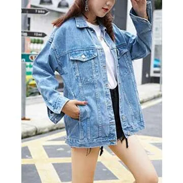 Omoone Women's Oversized Mid Long Denim Jacket Jean Biker Coat(0199-Denim Blue-XL)