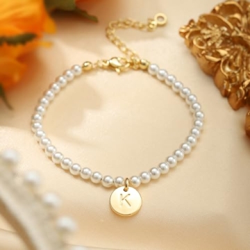 Ursteel Pearl Initial Bracelet - Dainty Gold Jewelry Gift