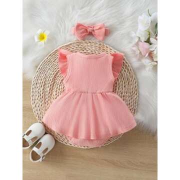 MERSARIPHY Baby Girl Summer Clothes Ruffles Ribbed Knit Romper Dress Jumpsuit Bodysuit with Headband Cute Newborn Outfit Set(Pink,0-3 Months)