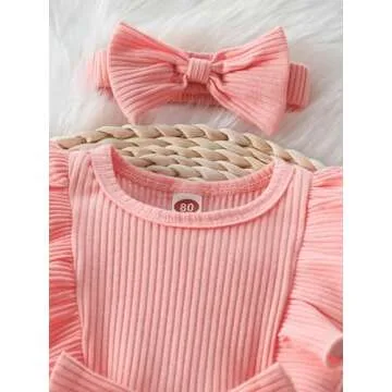 MERSARIPHY Baby Girl Summer Clothes Ruffles Ribbed Knit Romper Dress Jumpsuit Bodysuit with Headband Cute Newborn Outfit Set(Pink,0-3 Months)