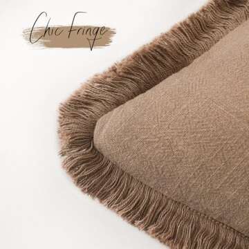 Foindtower Set of 2 Decorative Linen Fringe Lumbar Throw Pillow Covers Boho Farmhouse Cushion Cover with Tassels Soft Accent Pillowcase for Couch Sofa Bed Living Room Home Decor,12×20Inch,Khaki Brown