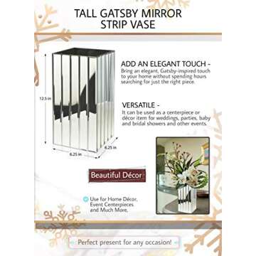 Serene Spaces Living Tall Mirror Strip Vase, Luxe Glass, Modern, 6.25x6.25x12.5 inches, Home Décor, Event Centerpieces and Much More