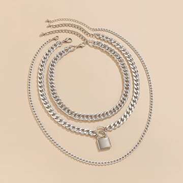 Jumwrit Chunky Chain Necklace Punk Layered Choker Necklaces Cuban Link Chain Necklace with Lock Pendant Necklace Statement Necklace for Women（Silver）