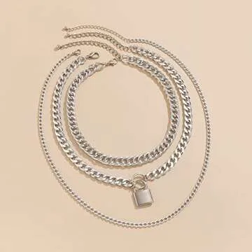 Jumwrit Chunky Chain Necklace Punk Layered Choker Necklaces Cuban Link Chain Necklace with Lock Pendant Necklace Statement Necklace for Women（Silver）