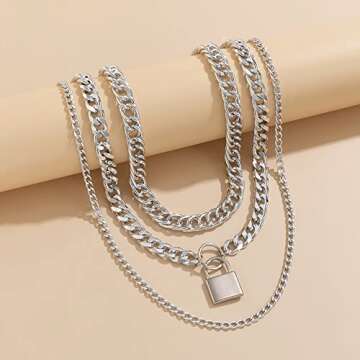 Jumwrit Chunky Chain Necklace Punk Layered Choker Necklaces Cuban Link Chain Necklace with Lock Pendant Necklace Statement Necklace for Women（Silver）