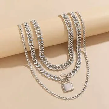 Jumwrit Chunky Chain Necklace Punk Layered Choker Necklaces Cuban Link Chain Necklace with Lock Pendant Necklace Statement Necklace for Women（Silver）