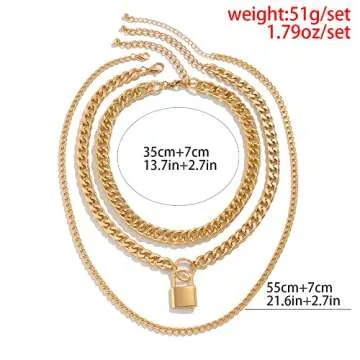Jumwrit Chunky Chain Necklace Punk Layered Choker Necklaces Cuban Link Chain Necklace with Lock Pendant Necklace Statement Necklace for Women（Silver）