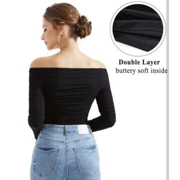 OMKAGI Women Long Sleeve Tops Boat Neck Off Shoulder Shirts Fitted Going Out Y2K Crop Top(XS,Black-1...