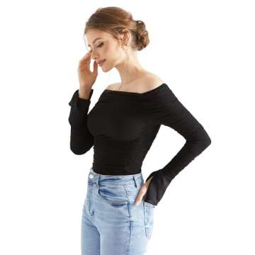 OMKAGI Women Long Sleeve Tops Boat Neck Off Shoulder Shirts Fitted Going Out Y2K Crop Top(XS,Black-194)