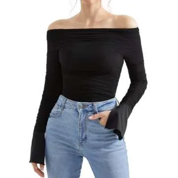 OMKAGI Women Long Sleeve Tops Boat Neck Off Shoulder Shirts Fitted Going Out Y2K Crop Top(XS,Black-194)