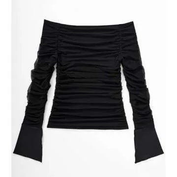 OMKAGI Women Long Sleeve Tops Boat Neck Off Shoulder Shirts Fitted Going Out Y2K Crop Top(XS,Black-194)