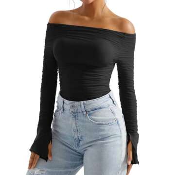 OMKAGI Women Long Sleeve Tops Boat Neck Off Shoulder Shirts Fitted Going Out Y2K Crop Top(XS,Black-194)