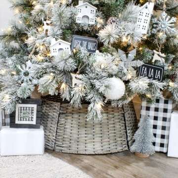 AuldHome Design Wicker Christmas Tree Collar (Gray Washed, 29-Inch), Real Wood Basket Weave Large Willow Tree Skirt