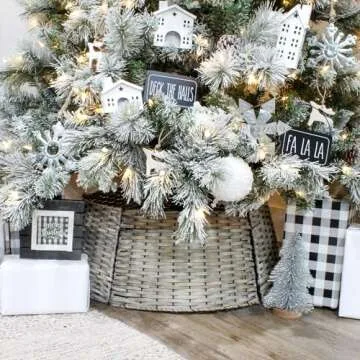 AuldHome Design Wicker Christmas Tree Collar (Gray Washed, 29-Inch), Real Wood Basket Weave Large Willow Tree Skirt