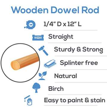 Wooden Dowel Rod, 1/4 Inch x 12 Inch Wood Dowels, Pack of 250 Wooden Dowels for Crafts, Unfinished Hardwood Wooden Dowels Rods, Strong Wood Rod Dowels for Crafting and DIYers