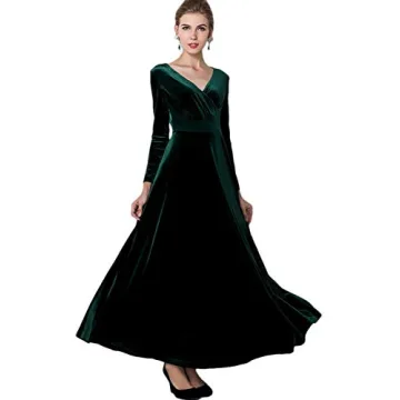 Elegant Urban CoCo Women Velvet Long Sleeve Dress in Green