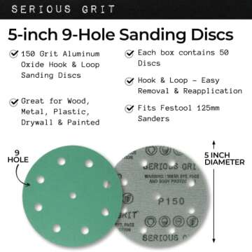 Serious Grit - 5-Inch 9-Hole 150 Grit Sanding Discs - Heavy-Duty Hook & Loop Film Discs - Sandpaper for Random Orbital Sanders - 50 Pack Box
