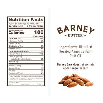 Barney Butter Almond Butter, Bare Smooth, 16 Ounce Jar, No Added Sugar or Salt, Skin-Free Almonds, No Stir, Non-GMO, Gluten Free, Keto, Paleo, Vegan