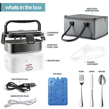 Electric Lunch Box, Electric Lunch Box for Adults, electric lunch box food heater for car, electric heated lunch box for man and woman, 70w food warmer lunch box for work, 1.8L, Cutlery Set, Ice Pack