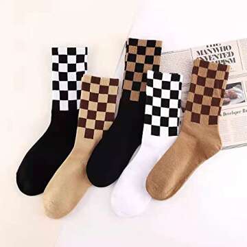 Checkered Socks, Fashion Socks for Women, Checkered Socks Women, Cotton Funny Crew Socks Fun Cozy Cute for Women Gifts. (Checkerboard 5Pcs)