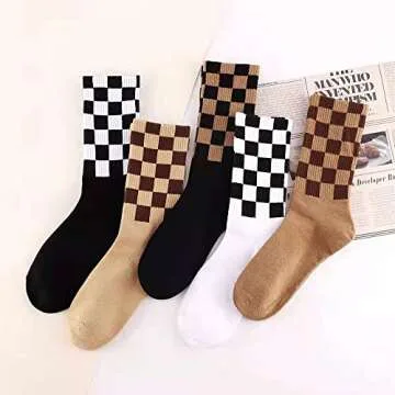 Checkered Socks, Fashion Socks for Women, Checkered Socks Women, Cotton Funny Crew Socks Fun Cozy Cute for Women Gifts. (Checkerboard 5Pcs)