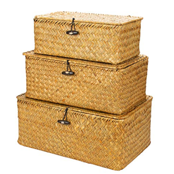 Yesland Shelf Baskets with Lid Set of 3, Handwoven Seagrass Storage Bins Box Rectangular Seagrass Ba...