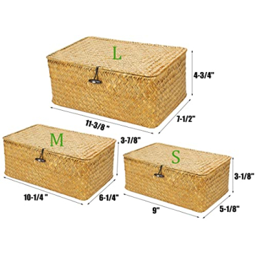 Yesland Shelf Baskets with Lid Set of 3, Handwoven Seagrass Storage Bins Box Rectangular Seagrass Basket Storage Organizer Wicker Basket for Shelf