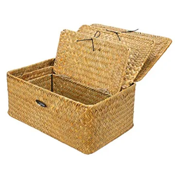 Yesland Shelf Baskets with Lid Set of 3, Handwoven Seagrass Storage Bins Box Rectangular Seagrass Basket Storage Organizer Wicker Basket for Shelf