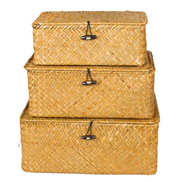 Yesland Shelf Baskets with Lid Set of 3, Handwoven Seagrass Storage Bins Box Rectangular Seagrass Basket Storage Organizer Wicker Basket for Shelf