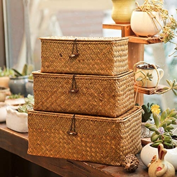 Yesland Shelf Baskets with Lid Set of 3, Handwoven Seagrass Storage Bins Box Rectangular Seagrass Basket Storage Organizer Wicker Basket for Shelf