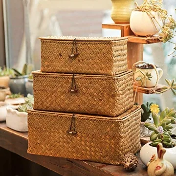 Yesland Shelf Baskets with Lid Set of 3, Handwoven Seagrass Storage Bins Box Rectangular Seagrass Basket Storage Organizer Wicker Basket for Shelf