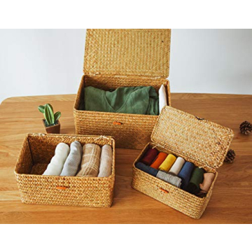Yesland Shelf Baskets with Lid Set of 3, Handwoven Seagrass Storage Bins Box Rectangular Seagrass Basket Storage Organizer Wicker Basket for Shelf